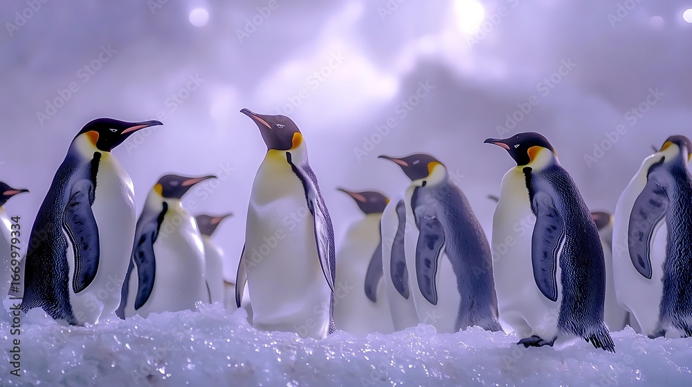 Fototapeta premium Emperor penguins huddle together on the Antarctic ice, braving the cold winter with their young in the wild