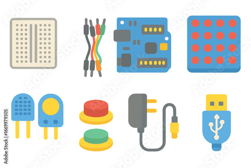 Kids' Circuit Components. Flat vector mini-illustrations circuit assembly in colors children's illustrations: breadboard, jumper