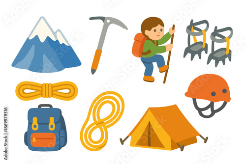 Kids' Climbing Adventure. Flat vector mini-illustrations mountain climbing in colors children's illustrations: snowy peak, ice axe