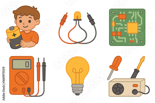 Kids' Electrical Experiments. Flat vector mini-illustrations voltage experiments in colors children's illustrations: child with