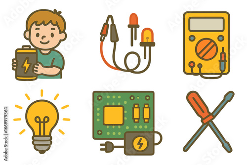 Kids' Electrical Experiments. Flat vector mini-illustrations voltage experiments in colors children's illustrations: child with