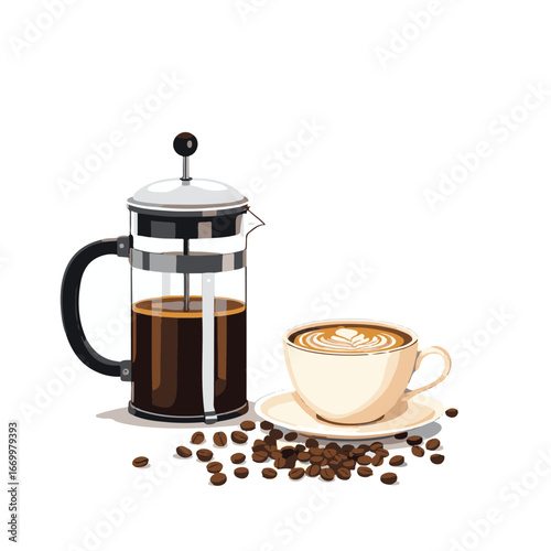French press coffee with cup saucer