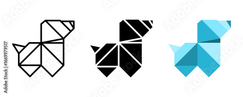 Dog icon set. A set of minimalist style dog illustrations, featuring geometric lines and simple shapes. Perfect for logo designs, icons, or graphic elements. Available in three different styles