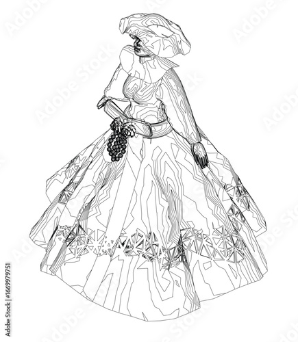 A doll-like girl in a detailed dress holds a bunch of deep purple grapes, her hair in a neat bun and expression gentle. The contour drawing emphasizes intricate lines and curves.