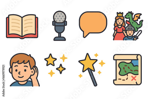 Magical Storytelling Icons. Flat vector mini-illustrations storytelling in colors children's illustrations: open book, narrator