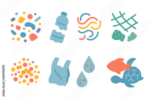 Microplastic Illustrated Icons. Flat vector mini-illustrations microplastic in colors children's illustrations: microplastic