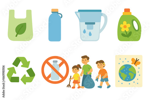 Microplastic Pollution Solutions. Flat vector mini-illustrations microplastic pollution solutions in colors children's