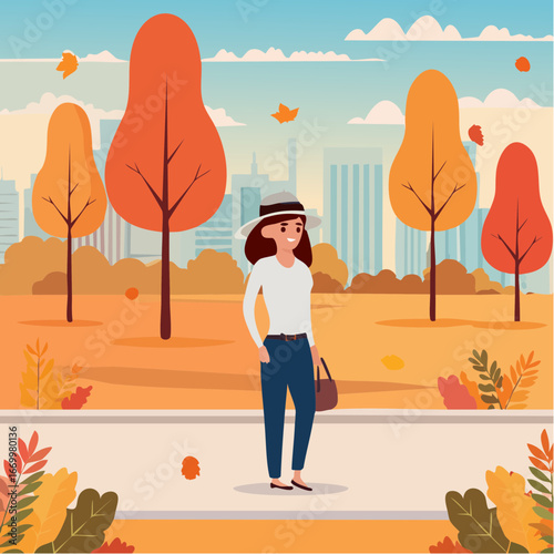 Beautiful woman portrait in a park in an autumn scenery