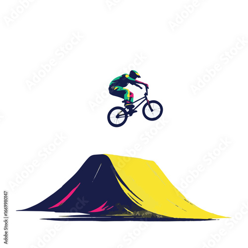 Cyclist doing stunt on dirt ramp