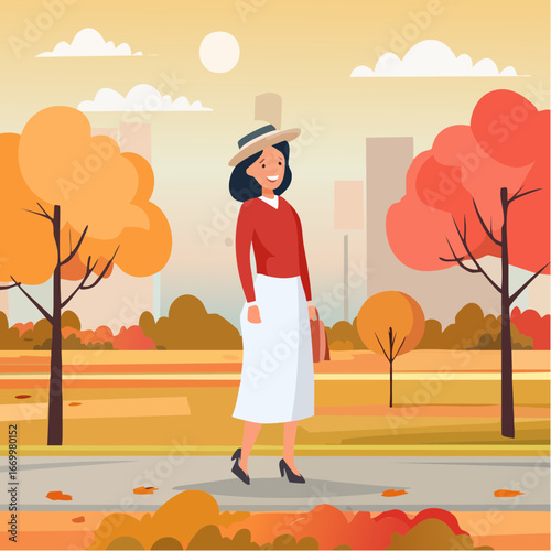 Beautiful woman portrait in a park in an autumn scenery