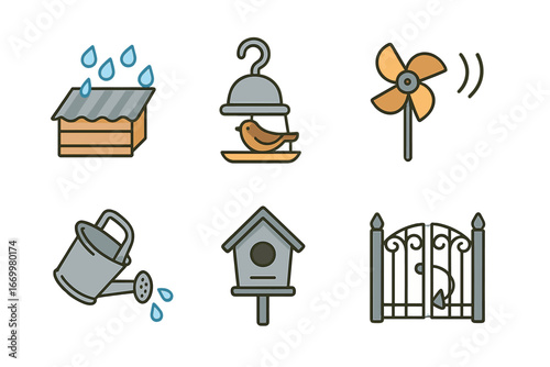 Metallic Nature Sounds. Flat vector mini-illustrations metallic nature sounds in colors children's illustrations: rain on tin roof