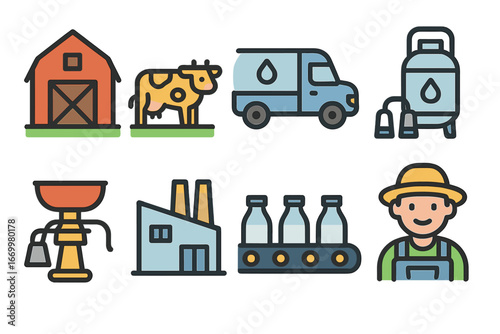 Milk Production Icons. Flat vector mini-illustrations milk production in colors children's illustrations: dairy farm, milk truck,