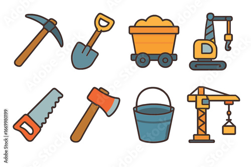 Mining Tools Icons. Flat vector mini-illustrations raw material extraction tools in colors children's illustrations: pickaxe,