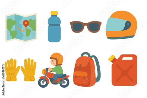 Motorcycle Travel Essentials. Flat vector mini-illustrations motorcycle travel essentials in colors children's illustrations: map,