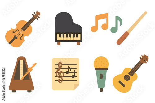 Musical Icons for Kids. Flat vector mini-illustrations musical refinement in colors children's illustrations: violin, grand piano,