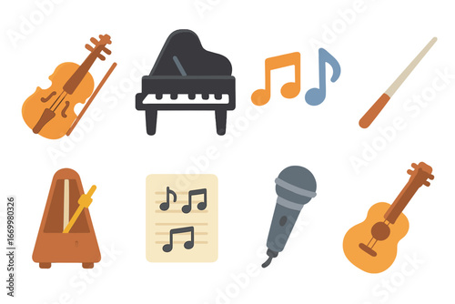 Musical Icons for Kids. Flat vector mini-illustrations musical refinement in colors children's illustrations: violin, grand piano,