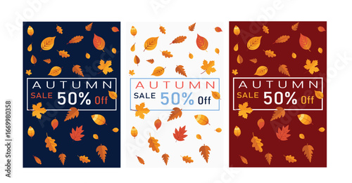 Autumn sale banners featuring falling leaves and 50 percent off discounts