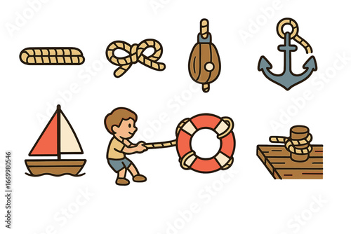 Nautical Kid's Icons. Flat vector mini-illustrations nautical ropes in colors children's illustrations: ship rope, knot, pulley,
