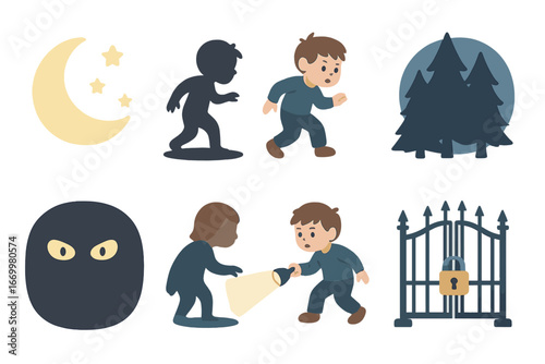 Nighttime Adventure. Flat vector mini-illustrations nighttime thriller in colors children's illustrations: moon, stars, child