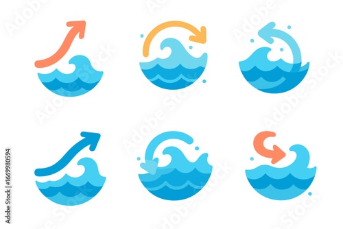Ocean Currents Grid. Flat vector mini-illustrations ocean currents in colors children's illustrations: Gulf Stream, Antarctic