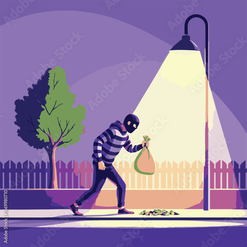 Thief under streetlight stealing bag