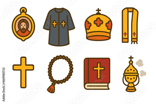 Orthodox Clergy Icon Grid. Flat vector mini-illustrations Orthodox clergy attire in colors children's illustrations: bishop’s