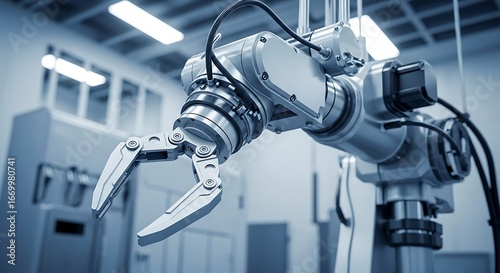 A detailed close-up of a sophisticated industrial robot arm, showcasing its complex mechanical design and precision engineering in a modern manufacturing facility.