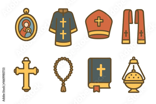 Orthodox Clergy Icon Grid. Flat vector mini-illustrations Orthodox clergy attire in colors children's illustrations: bishop’s