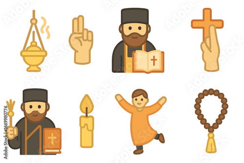 Orthodox Clergy Icons. Flat vector mini-illustrations orthodox clergy in colors children's illustrations: bishop mitre, cassock,