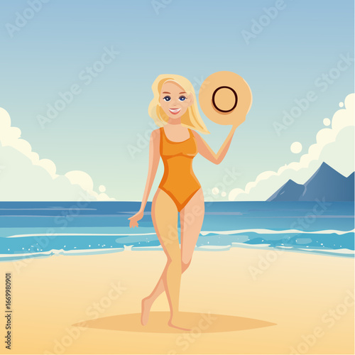 Beautiful blond happy woman, holding her summer hat on the beach