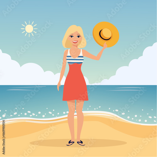 Beautiful blond happy woman, holding her summer hat on the beach