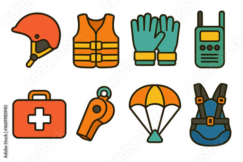 Paragliding Safety Icons. Flat vector mini-illustrations paragliding safety in colors children's illustrations: helmet, life vest,