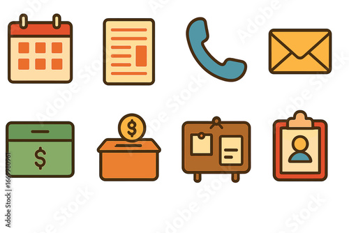 Parish Life Icons. Flat vector mini-illustrations Parish administration in colors children's illustrations: calendar, bulletin,