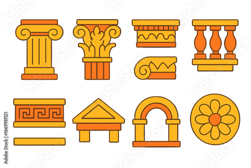 Playful Architectural Icons. Flat vector mini-illustrations architectural ornaments in colors children's illustrations: columns,