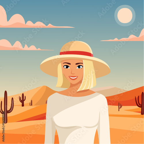 Blong woman in a summer hat on the desert portrait