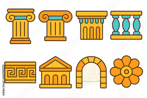 Playful Architectural Icons. Flat vector mini-illustrations architectural ornaments in colors children's illustrations: columns,
