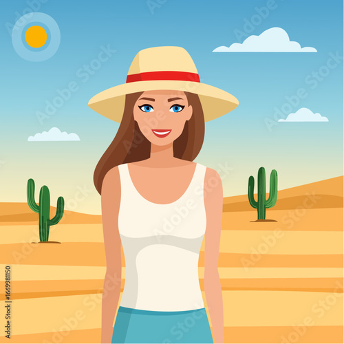 Blong woman in a summer hat on the desert portrait