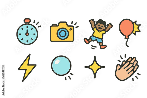 Playful Icon Grid. Flat vector mini-illustrations quick moments in colors children's illustrations: stopwatch, flashing camera,