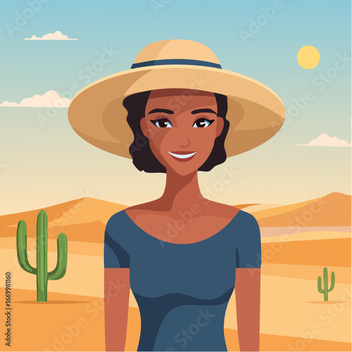 Blong woman in a summer hat on the desert portrait