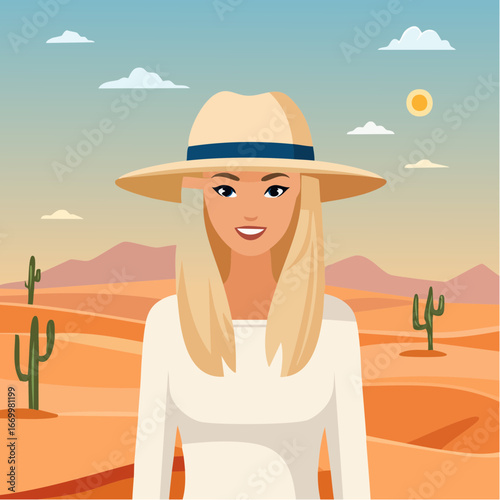 Blong woman in a summer hat on the desert portrait