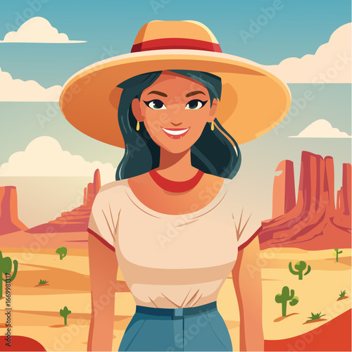 Blong woman in a summer hat on the desert portrait