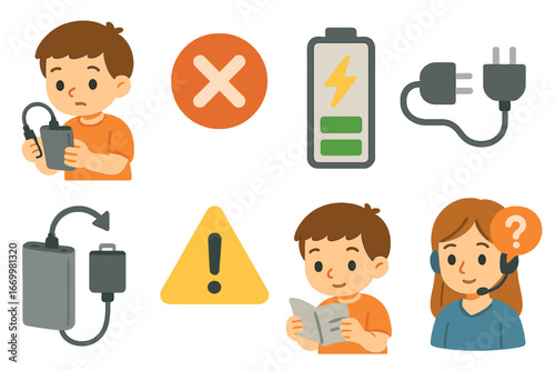Power Bank Troubleshooting. Flat vector mini-illustrations power bank troubleshooting in colors children's illustrations: child