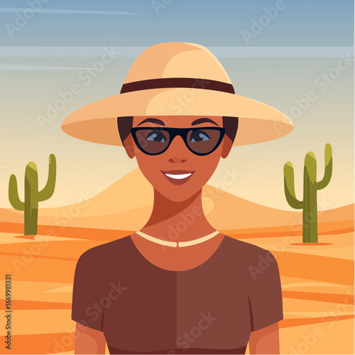 Blong woman in a summer hat on the desert portrait