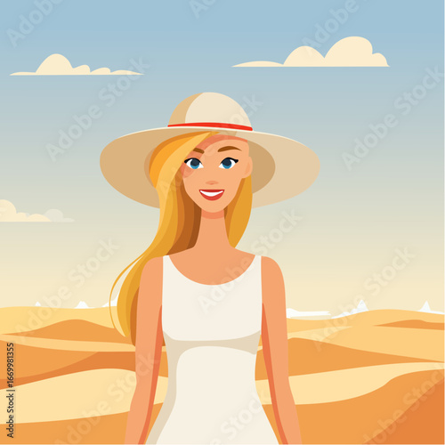 Blong woman in a summer hat on the desert portrait