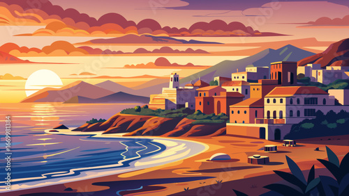 Dawn rises over Roquetas de Mar, Almería, Spain, painting sky in soft orange tones while tranquil waves embrace shoreline, heralding a peaceful beginning filled with Mediterranean charm.