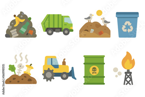 Recycling Process Illustrations. Flat vector mini-illustrations landfill in colors children's illustrations: trash heap, garbage