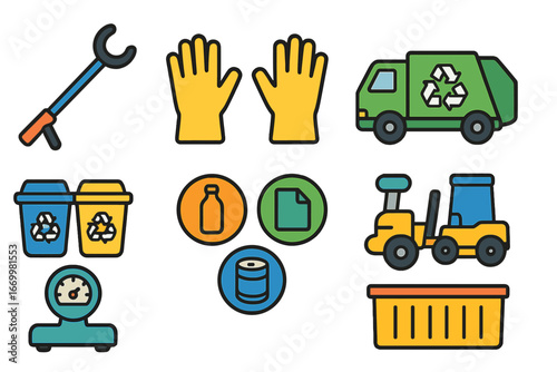 Recycling Tools Icons. Flat vector mini-illustrations recycling tools in colors children's illustrations: trash picker, gloves,