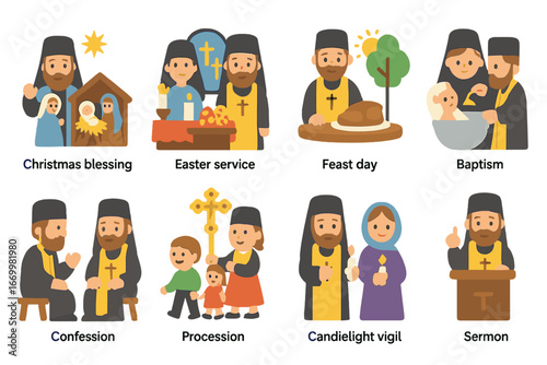 Seasonal Spiritual Icons. Flat vector mini-illustrations Spiritual father seasonal events in colors children's illustrations: