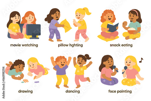 Sleepover Fun Icons. Flat vector mini-illustrations sleepover activities in colors children's illustrations: movie watching,