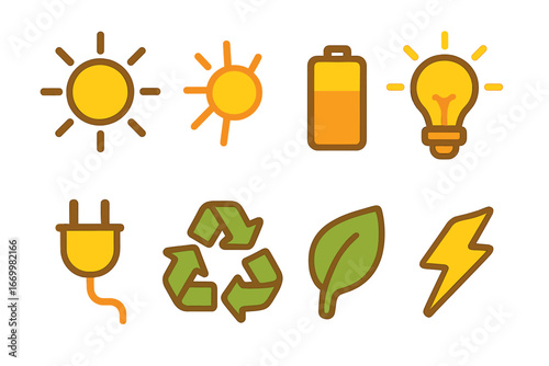 Solar Energy Icons. Flat vector mini-illustrations solar symbols in colors children's illustrations: sun icon, solar flare,